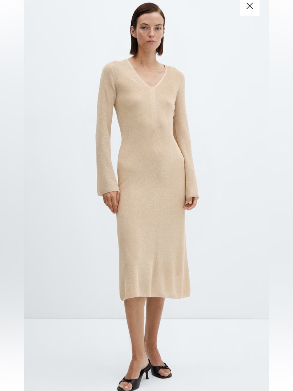 Mango V-Neck Long Sleeve lurex Knit Midi Dress - Cream